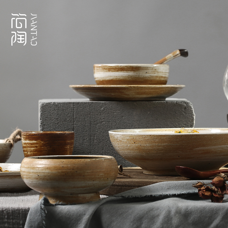 景德镇陶瓷餐具套装家用汤碗面碗简约饭碗复古粗陶手工瓷器菜盘子