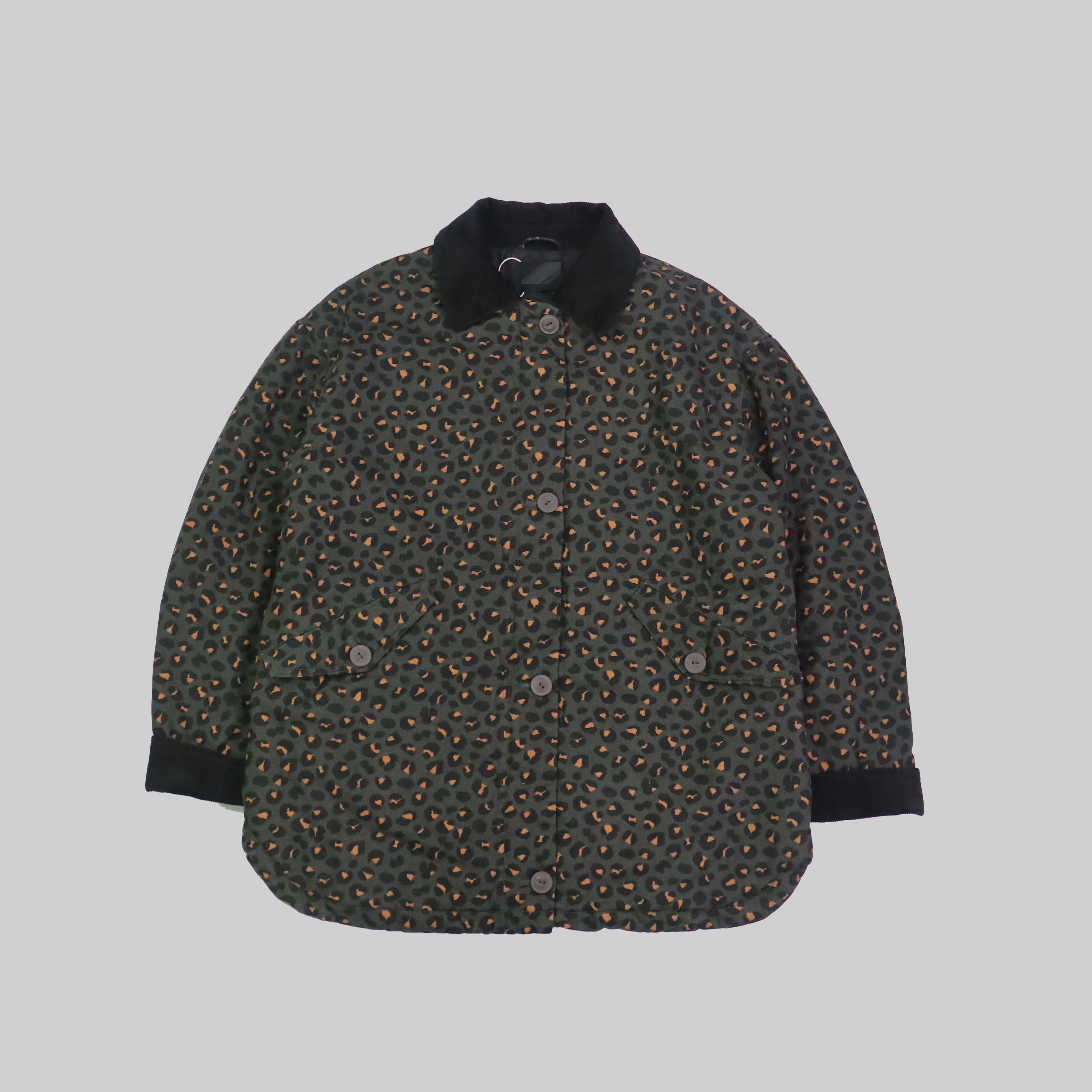 刁蛮公主 女士灯芯绒领豹纹印花全开襟拉链长版夹克/外套