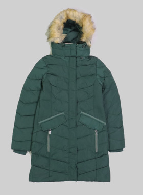 刁蛮公主 女士墨绿色可拆卸风帽防风防雨全开襟拉链中长棉服OZ