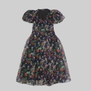 刁蛮公主 V领交叉绑带欧根真丝印花泡芙袖露腰一片式连衣裙E-3