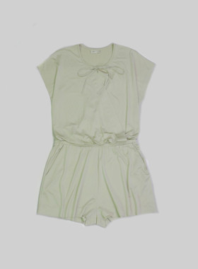 刁蛮公主  女士豆绿色圆领绑系带交叉V襟连体短裤E-2