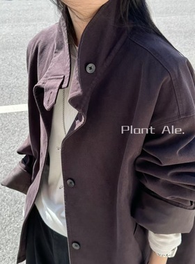 Plant Ale秋新款韩系百搭休闲中长款立领外套酒红色高级显瘦风衣