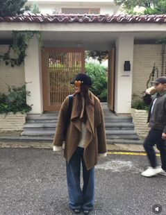 Lott皮有理秋冬新款 lemaire风苏丽羊驼毛大衣女设计感叠搭围巾女