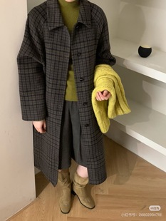 格子羊毛大衣女中长款 宽松大版 收腰外套 韩版 韩国秀子家秋冬新款