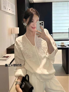 208夏新款100亚麻COTTON CANDY棉花糖复古重工风刺绣优雅简约衬衫