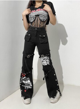 街头潮酷风2024欧美设计感印花金属扣牛仔垂感长裤女