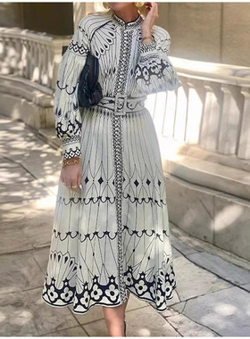 2025欧美女装宫廷风优雅长袖印花大摆季连衣裙女