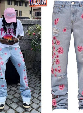 男士牛仔直筒裤欧美街头时尚ins无弹力刺绣牛仔直筒