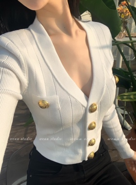 blm黄金扣 直角肩设计 金扣V领高腰 针织开衫