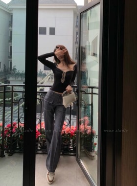 现货 Cello Sonat* 腿长1m8明线设计插袋仿牛仔微喇叭裤 阔腿长裤