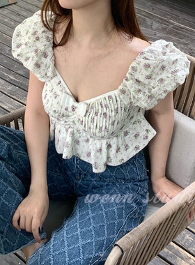 韩国cookie定制面料蝴蝶结碎花蕾丝复合面料 泡泡袖上衣