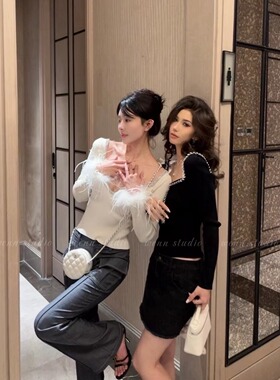 孙怡同款 王牌打底衫 双色定制水钻鸵鸟毛性感方型领口修身针织衣