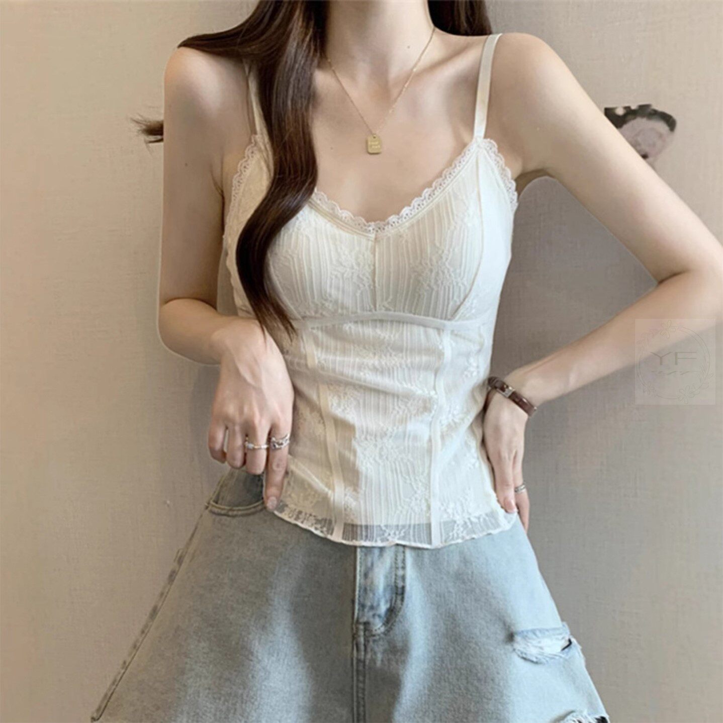法式蕾丝V领吊带背心内衣女带胸垫一体杯鱼骨内搭纯欲美背文胸罩