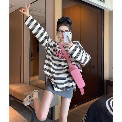 0693#条纹双纱230G卫衣2025秋季新款薄款圆领长袖t恤上衣韩版女装
