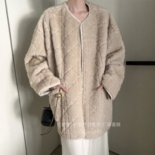 摩登mdeng197菱形格纹仿水貂毛中长款 皮毛一体91605 大衣2024冬季