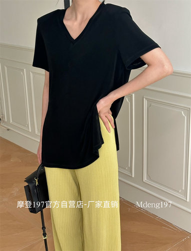 摩登197醋酸V领短袖显瘦女T恤