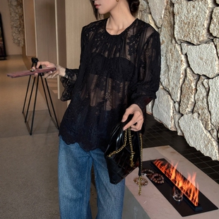 2F002 女2026春新圆领高级感气质上衣 摩登mdeng197法式 刺绣蕾丝衫
