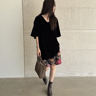 摩登mdeng197V领丝绒短袖T恤女2026秋季新宽松休闲百搭上衣 G5137