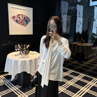 新休闲气质开衫 女2026春季 上衣110227 衬衫 摩登mdeng197飘带领长袖