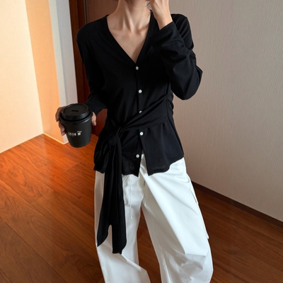 摩登197V领系带长袖T恤显瘦