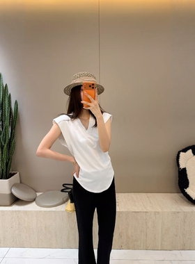 摩登mdeng197简约风纯棉短袖V领T恤女2026夏新收腰修身上衣 2F058