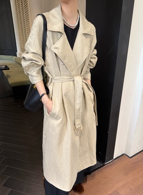 摩登mdeng197纯亚麻腰带款长版风衣外套女2025春新款气质大衣W906
