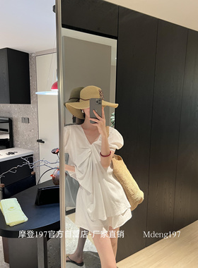 摩登mdeng197天丝麻泡泡袖上衣短裤两件套女两面穿休闲套装61588