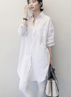 韩国东大门2025年秋季纯棉宽松bf风中长款白色衬衫大码长袖衬衣女