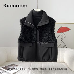 2025年冬季新款女装拉贡羊羔毛拼接短款外穿背心坎肩外套鹅绒衣