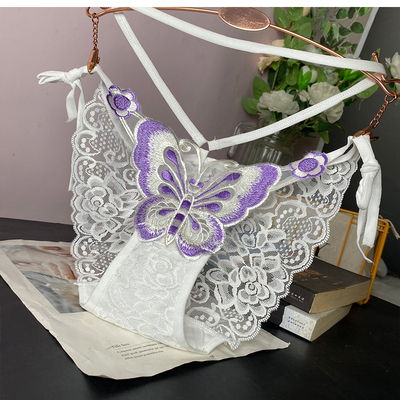 时尚刺绣采花蝴蝶蕾丝内裤女性感低腰可解系带纯欲女士三角裤