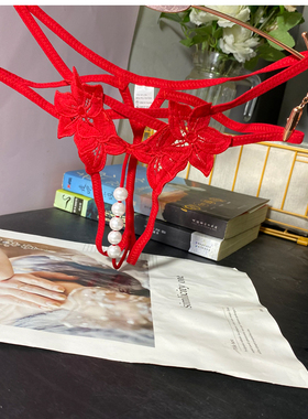 性感双花刺绣装饰女士丁字裤 低腰镂空坠珠女生T字裤 underpants