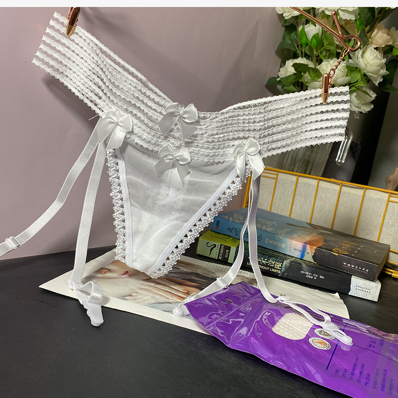 纯欲白丝性感吊带袜女人丁字裤低腰蝴蝶结蕾丝边美腿少女内裤黑色