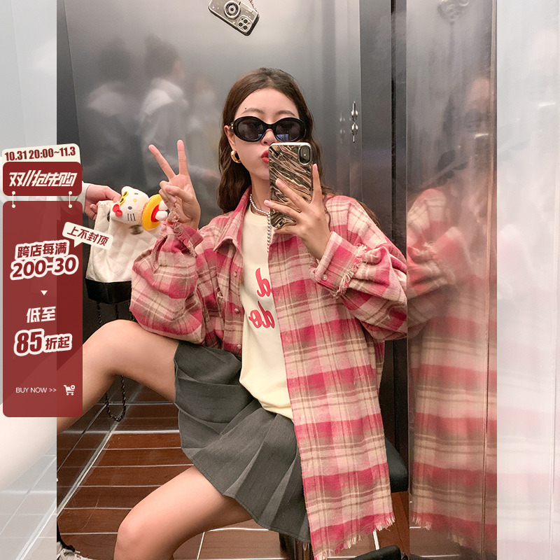 曾小咸衬衣2023年秋季新款慵懒风防晒红色长袖格子衬衫外套女上衣