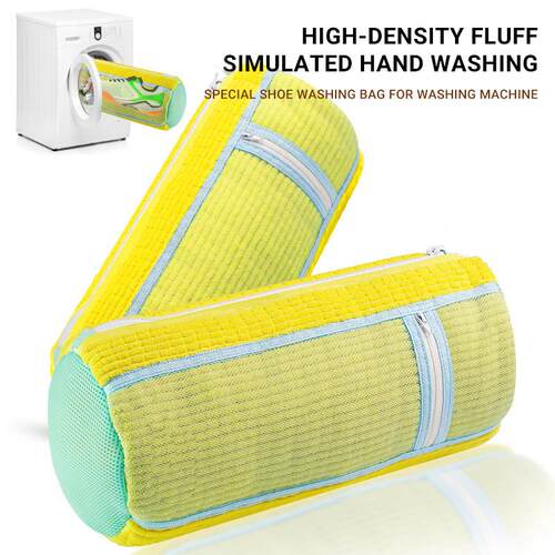 Lazy men wash their shoes with a thick, furry brush.