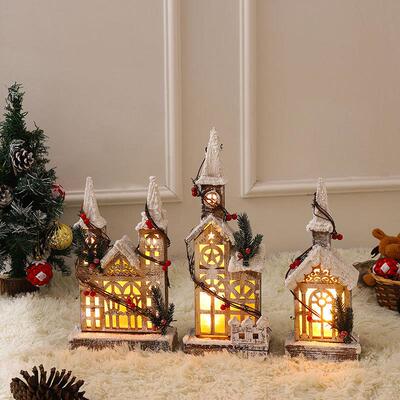 The Christmas decorations are snowing, the cabins are wooden