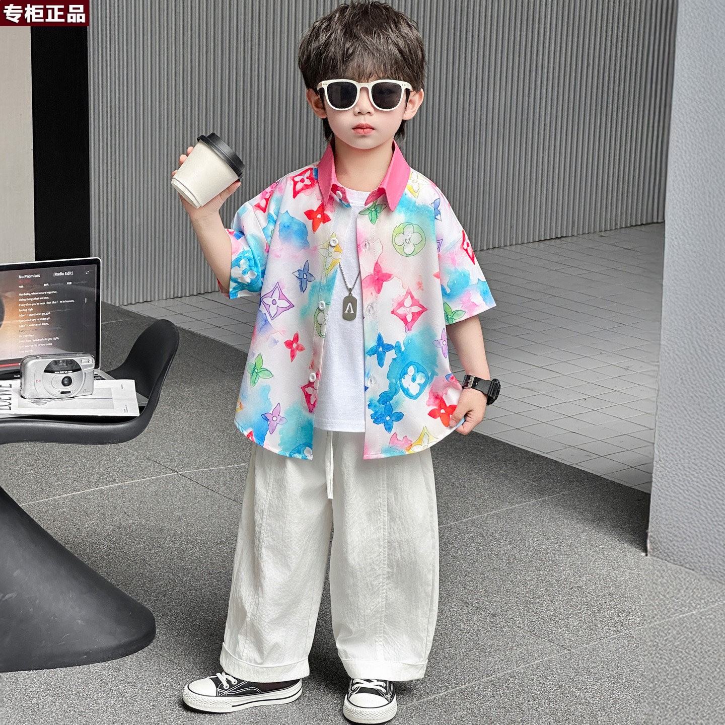 韩国AS品牌男童夏套装2026新款韩范痞帅儿童短袖花衬衫小男孩炸街图片