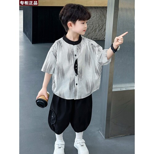 韩国AS品牌儿童夏装男童衬衫套装夏款2026新款小男孩夏季透气圆领