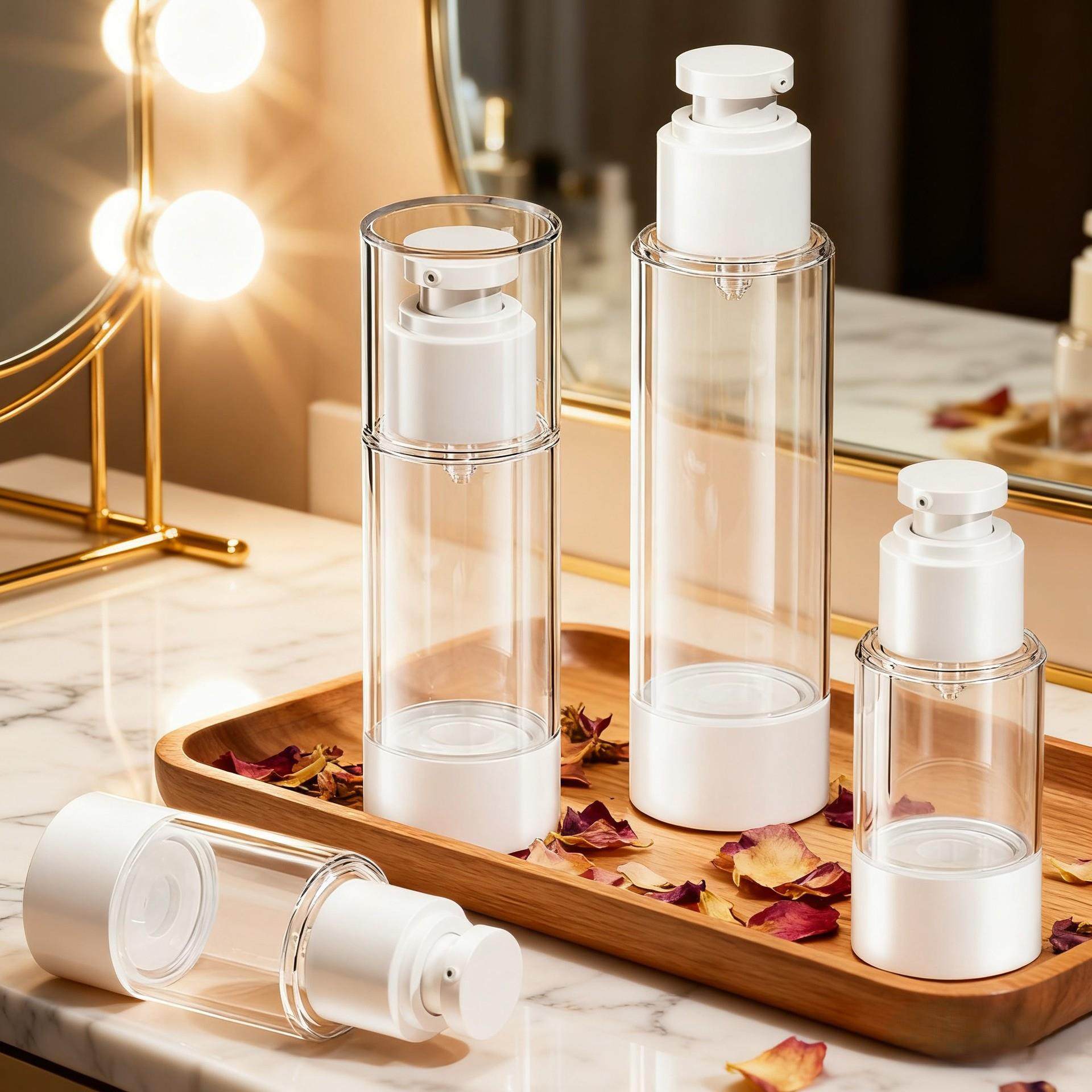 Travel-sized vacuum spray bottles for cosmetics, including s