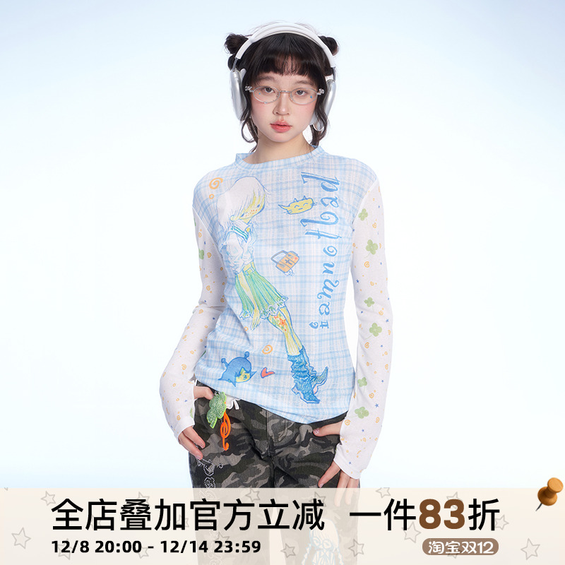 iamnotbad印花网纱透气打底衫