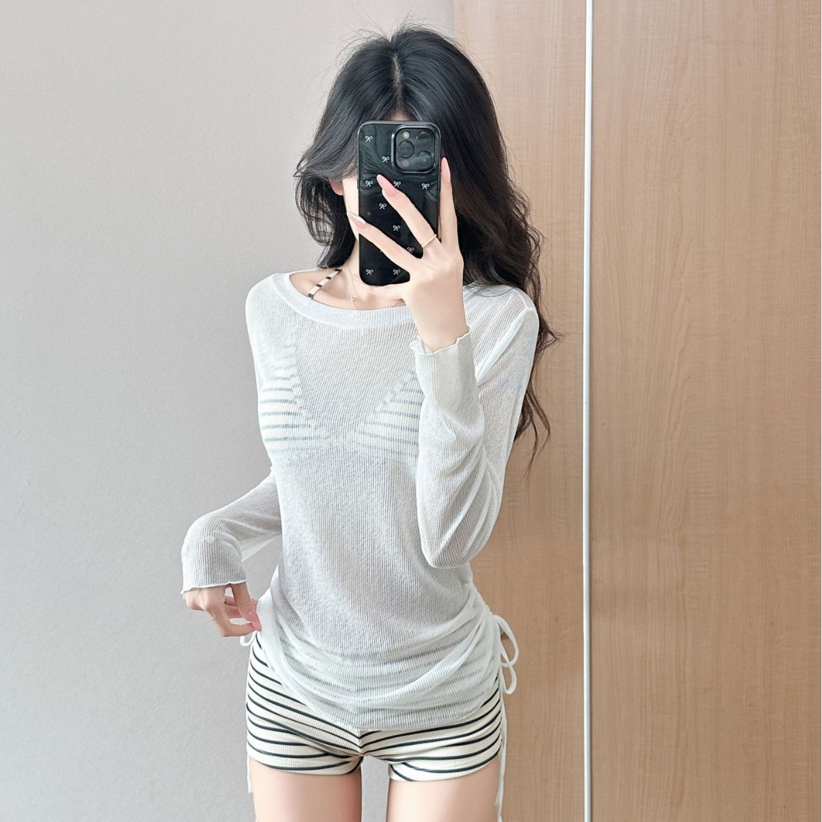 条纹分体三件套遮肚显瘦泳衣女