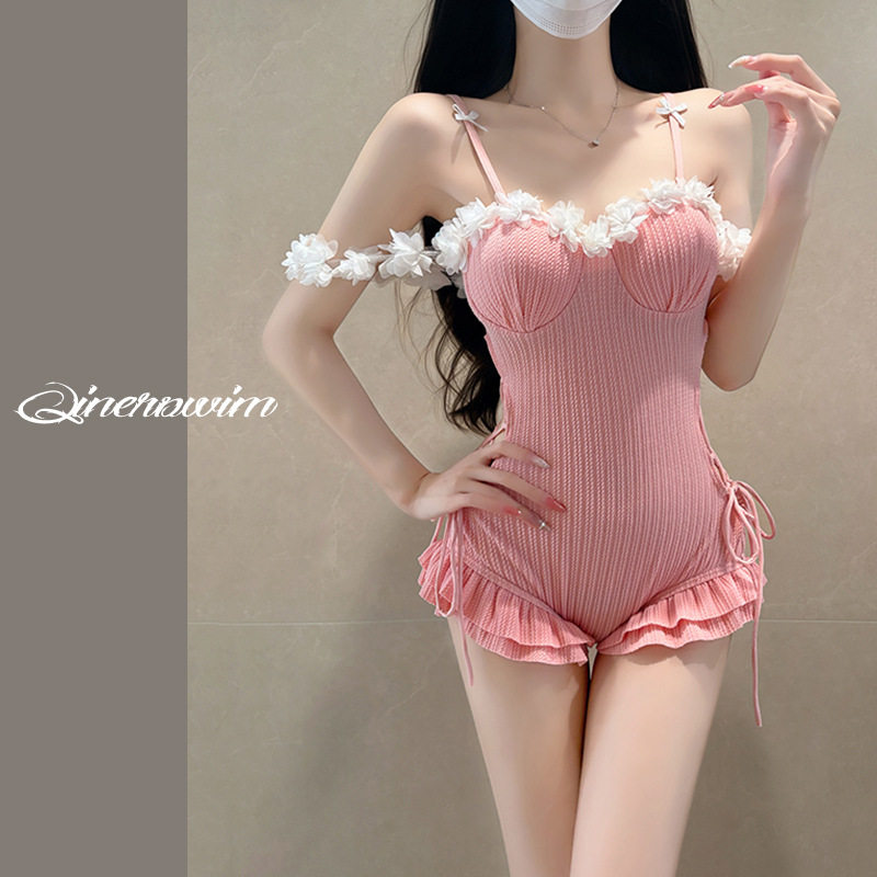 纯欲聚拢显白吊连体粉色女士泳衣
