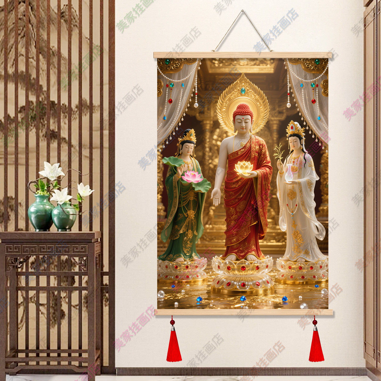 西方三圣油画布卷轴阿弥陀佛大势至观世音三尊画像佛堂装饰挂画,家居饰品,现代装饰画,淘宝优惠券,粉丝福利购,淘宝优惠卷