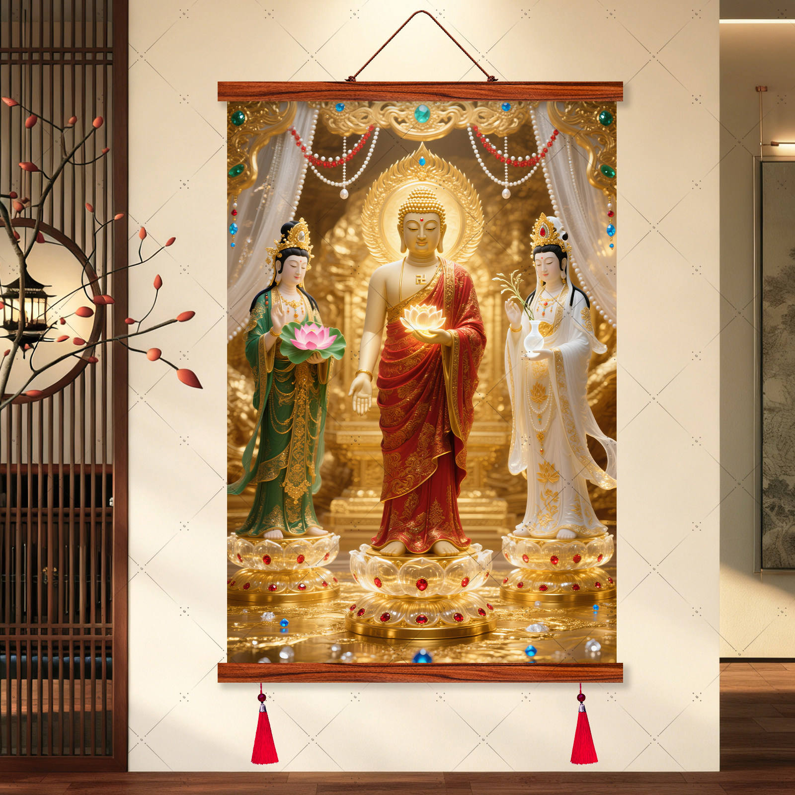 祥栎堂中式西方三圣装饰画客厅佛像挂画免打孔木质卷轴画