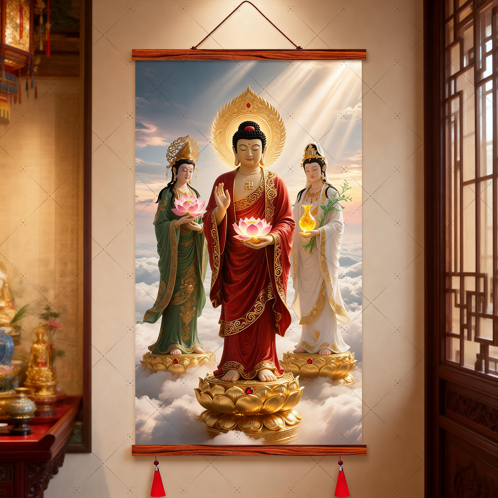 祥栎堂中式西方三圣装饰画客厅佛像挂画免打孔实木轴流苏无框画