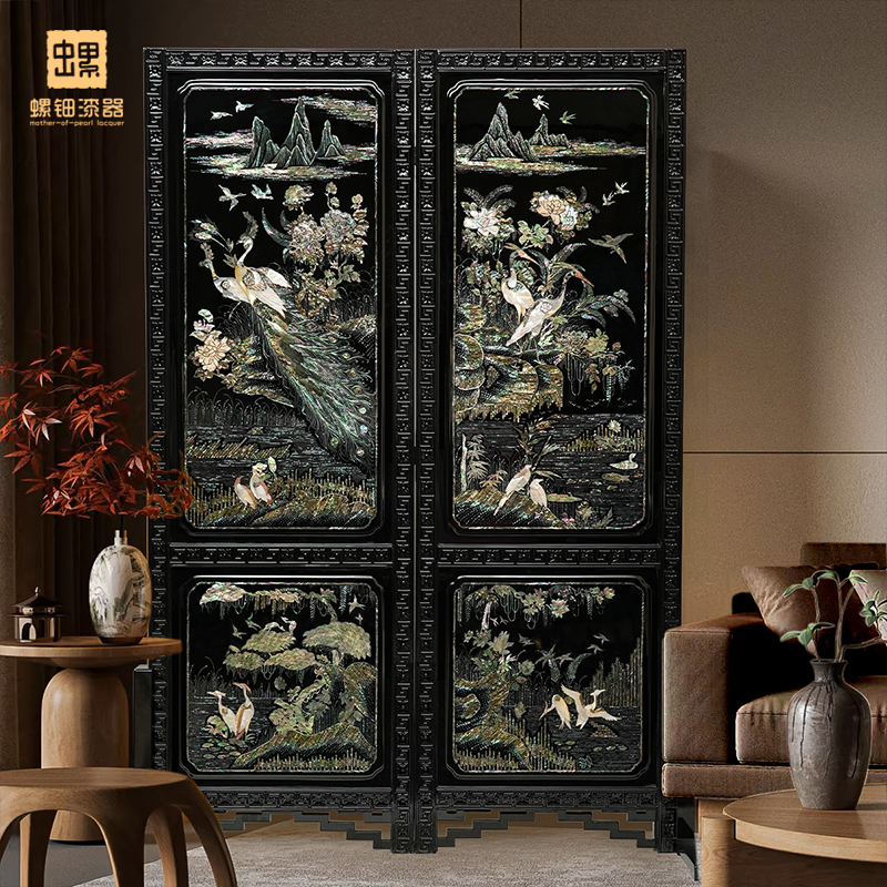 孔雀螺钿玄关隔断屏风两折屏风