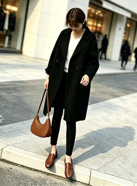 毛呢外套双面呢大衣女中长款高端赫本风呢韩版茧型西装黑色毛呢