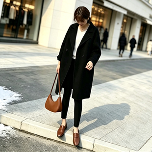 毛呢外套双面呢大衣女中长款高端赫本风呢韩版茧型西装黑色毛呢