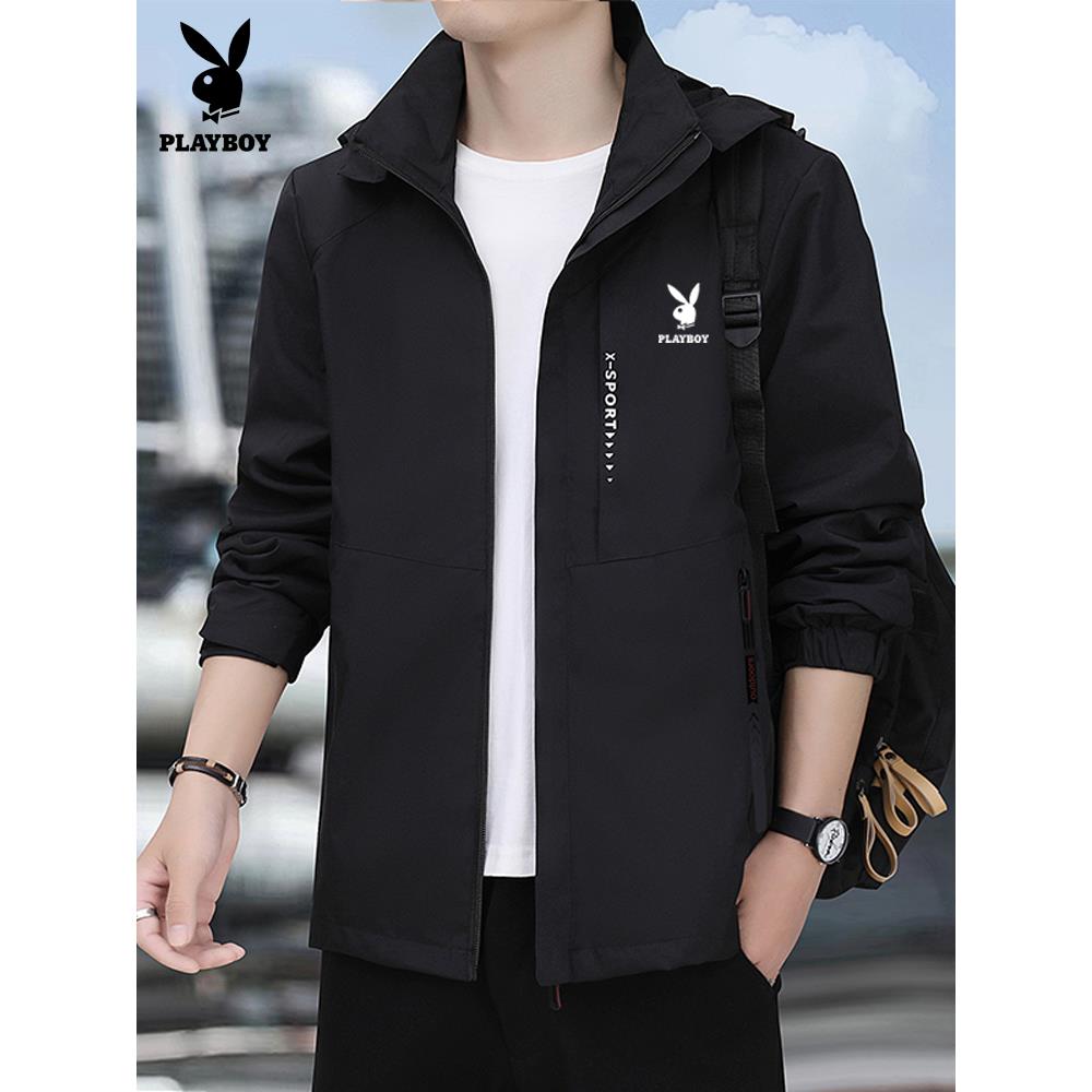 花花公子冲锋衣男士夹克春秋季新款防风可脱卸帽大码加绒上衣外套