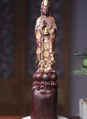 印度小叶紫檀观音木雕描金彩绘菩萨家居供奉玄关佛像摆件中式红木