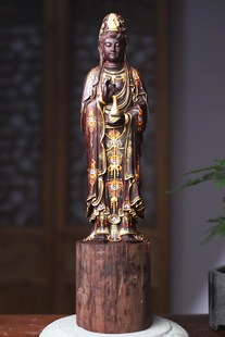 印度小叶紫檀南海观音木雕手工雕刻菩萨根雕描真金家居供奉佛像